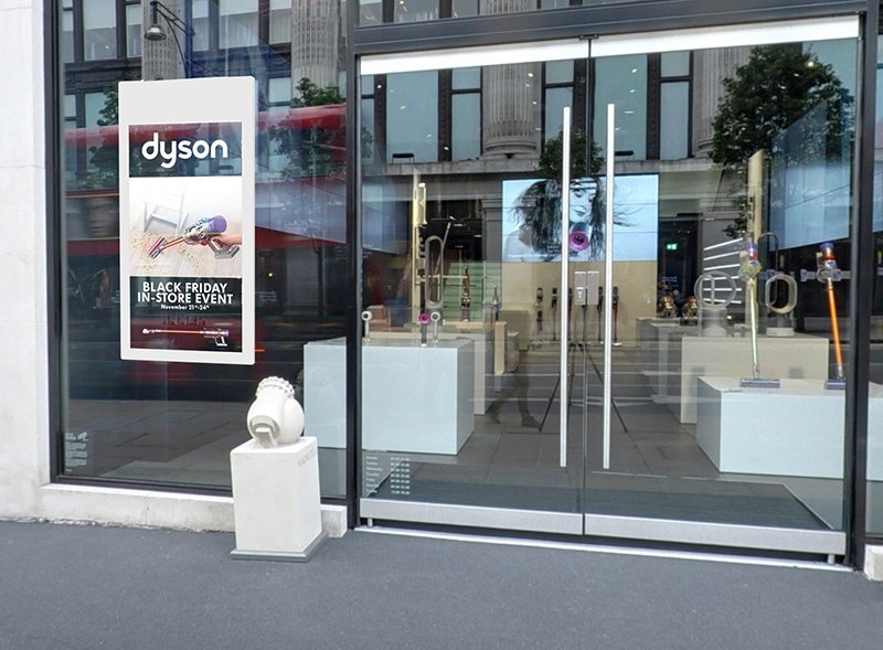E-Screen Hanging Double Sided Window Displays Available In 43&Quot; 55&Quot; 7 Hanging Double Sided Window Displays Application Image Dyson Outside