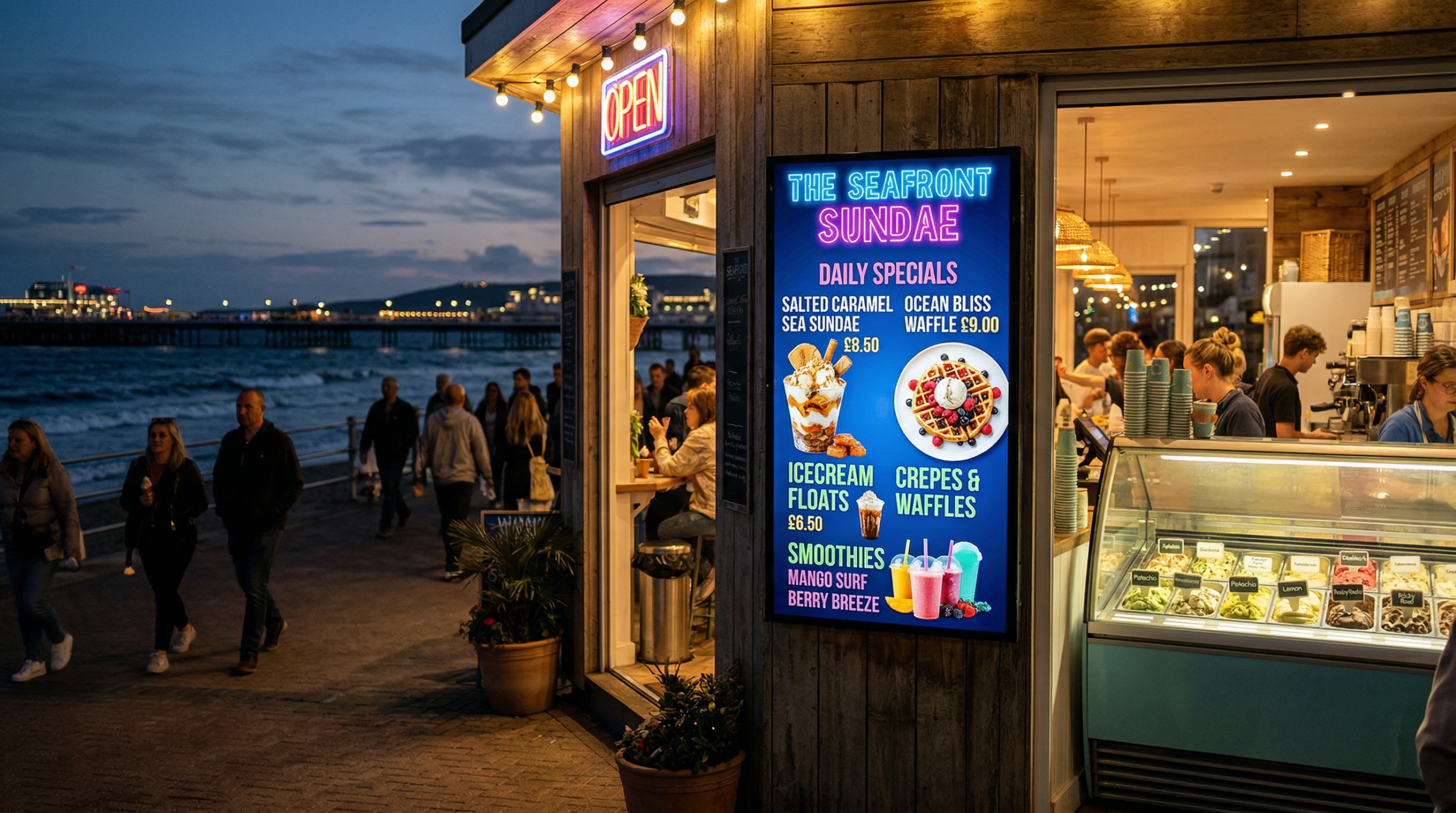 digital signage at a seafront Nano Banana